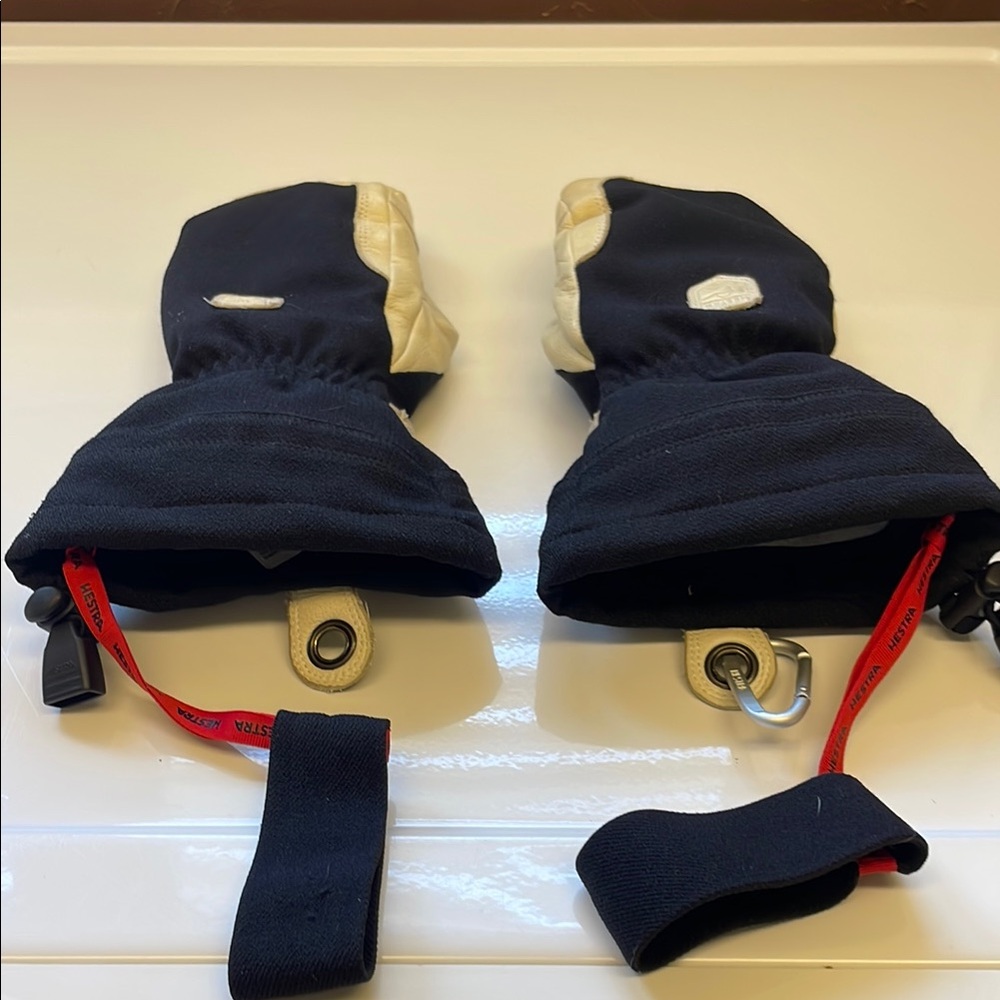 Hestra Black and Cream Mitten Gloves with Red arm bands